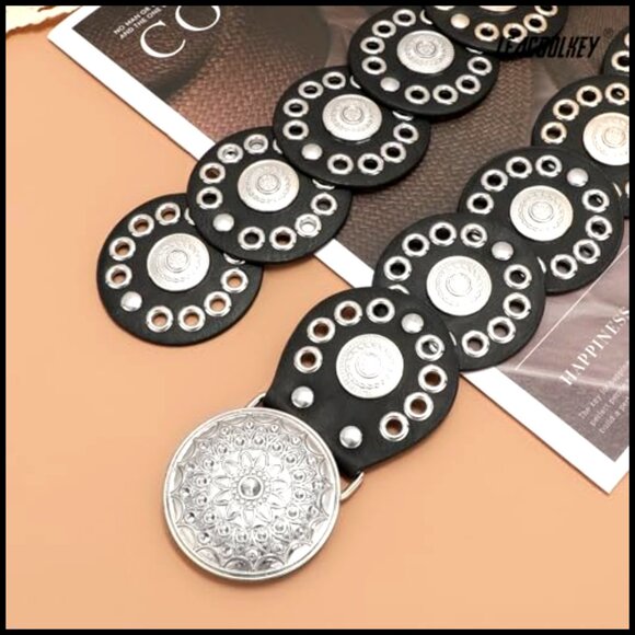 Western Leather Belt Vintage Boho Concho Hollow Disc Y2K Chic Waist Accessory main image 5